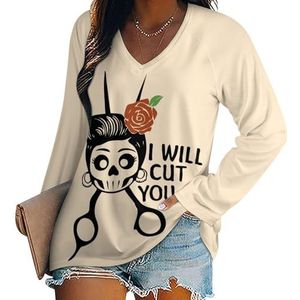 I Will Cut You Skull Casual T-shirts met lange mouwen voor dames, V-hals, bedrukte grafische blouses Tee Tops XL