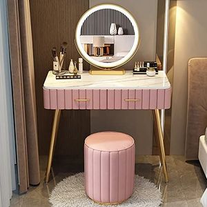 REALN Kaptafel Met Dimbare Verlichte Spiegel, Make-Up Kaptafel Met Lade En Vakken, Kaptafel Met Of Zonder Stoel Voor Make-Up Kamer, Slaapkamer (Color : Pink With stool, Size : L:80cm/31.5