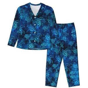 JEJEA Zeeschildpad-blauwe print comfortabele 2-delige nachtkleding lounge set pyjama set lange mouwen nachtkleding nachtkleding, Zwart, S