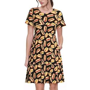 JJPUNGK Fun Food Hot Dogs Print Dagelijks Dragen Vrouwen Jurken Casual Zomer Jurk met Korte Mouwen Ronde hals Zakken, Zwart, S