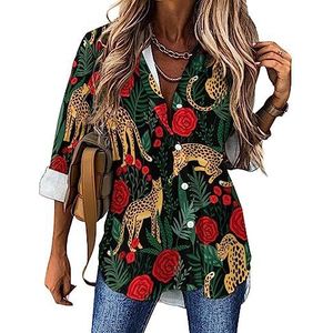 Leopards And Roses Casual Shirt Button Down Lange Mouw V-hals Blouses Tuniek voor Leggings