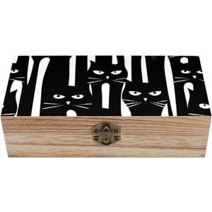 Zwart-witte Katten Gedrukt Houten Opbergdoos met Deksel Decoratieve Sieraden Organizer Case