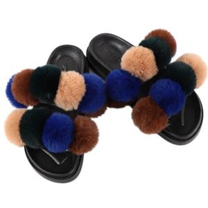 Fuzzy slippers voor dames, met pompon-accenten, platte nepbont, open teen, binnen en buiten, modieuze pantoffels, MultiColor 23, one size