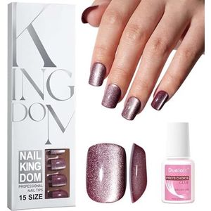 120 stuks vierkante kattenoog nepnagels - 15 maten bruin rood met lijm - acryl nepnagels set for thuis doe-het-zelf kunst - cadeaus for vrouwen en meisjes