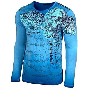 Baxboy Heren ronde hals longsleeve T-shirt lange mouwen print bovendeel gewassen sweatshirt 709, turquoise, M