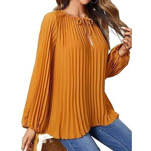 dames topjes Tie Neck Lantern Sleeve Pleated Blouse (Color : Mustard Yellow, Size : Small)