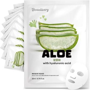 BEAULIVERY 10 stuks Koreaanse gezichtsmasker Aloe met hyaluronzuur, hydraterende masker, Koreaanse huidverzorging