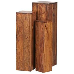 WOHNLING bijzettafelset van 3 WL 1.566 massief hout 24,5x85x24,5 cm Sheesham-tafels | Houten tafel natuurproduct Echte houten bijzettafels Decoratieve kolommen | Drie houten tafels bruin | Bloembox hout Modern