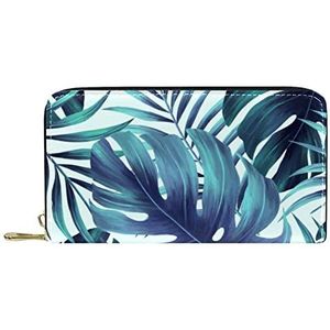 Vrouwen Zip Rond Portemonnee en Telefoon Clutch, Zomer Tropisch Blauw Bladeren Patroon, Reistas Lederen Clutch Bag Kaarthouder Organizer Polsbandjes Portefeuilles, Meerkleurig, 8.07x1x4.53 in