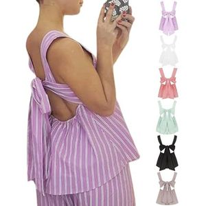 Vrouwen Tanktops Met Ruches En Peplum, Zomerse Mouwloze Geruite Crop Top Met Strik Op De Rug Camisole Met Vierkante(Purple,L)