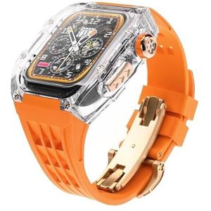 dayeer Luxe transparante kast met fluorrubber horlogeband Mod Kit voor Apple Watch ultra2 ultra 49 mm, heldere bezelbandset voor Iwatch 9 8 7 6 45 mm 44 mm (Color : Orangetr, Size : 49mm for ultra2