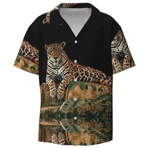 Afrikaanse wilde dieren luipaard op rots print herenoverhemden atletisch slim fit korte mouw casual business overhemd met knopen, Zwart, 4XL
