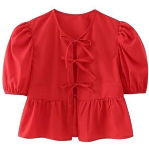 Vrouwen Tie Front Tops Puff Sleeve Babydoll Shirts Y2K Leuke Ruffle Peplum Uitgaan Top Blouse Trendy Kleding (Color : Red C, Size : Medium)