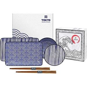 TOKYO design studio Nippon Blue Sushi-set blauw-wit, 6-delig, 2 x sushi-platen, 2 x sauskommen, 2 x eetstokjes, Aziatisch porselein, Japans design, incl. geschenkverpakking