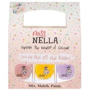 Miss Nella PIXIE DUST - peel off, geurvrij, waterbasis & veilig voor kinderen nagellak, 3 stuks, perzik (glitter), paars en geel (glitter)