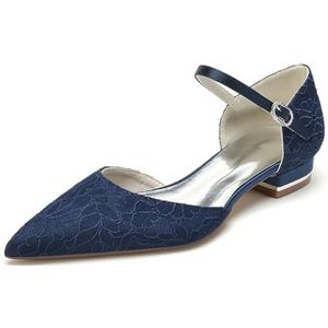 EICOFF Dames Lage Hakken Gesloten Teen Bruiloft Flats Pompen Kant Satijn Enkelband Verstelbare Gesp Bruidsschoenen Party Dress Schoenen,Dark blue,36 EU