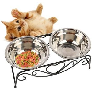 Roestvrijstalen kattenbak, voer- en watervoerbak, 2-kommen, antislip kattenaccessoires met roestvrijstalen stijgende standaard kattenkommen