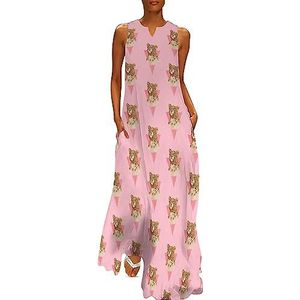 Roze luipaard dames enkellengte jurk slim fit mouwloze maxi-jurk casual zonnejurk S