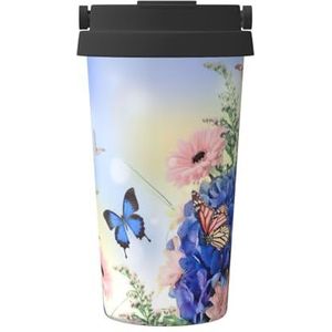 EdWal Blauwe vlinder en bloemenprint geïsoleerde koffiekop beker, herbruikbare koffie reismok voor warm/ijs koffie thee bier