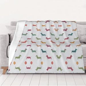 OKFSTY Wasbare, dubbelzijdige dikke schattige teckelhondendeken, warme pluche deken voor bank, bank, bed, 152 x 203 cm