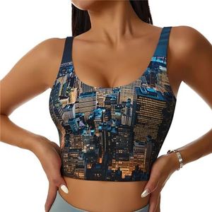SABFWF New York Night Print Yoga BH's, High Impact Support, Longline Design, voor Fitness, Hardlopen en meer, Zwart, S