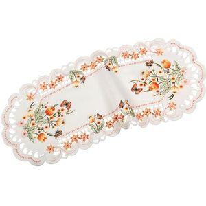 Quinnyshop Oranje tulpen en vlinders borduurwerk tafelloper 45 x 110 cm ovaal polyester, wit