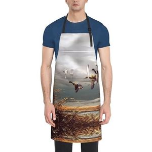 ZhaoYuGoods Rode en witte stippenschorten met zakken voor dames en heren, stijlvolle kookschorten voor keuken, tuinieren, salon, ideale print schort, Jacht Vliegende Wilde Eenden, Eén maat