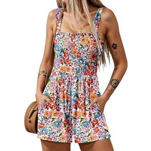 CupitiDU Dames zomer vierkante hals mouwloze losse casual korte gesmokte romper, elegante strandvakantie outfits met zakken, Meerkleurig, XXL
