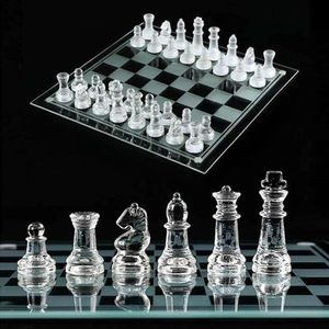 Glazen schaakbord, glas, schaakspel, schaakspel, glas, schaakbord van kristalspiegel, 25,4 x 25,4 cm, als educatief speelgoed, cadeau voor jongeren en volwassenen