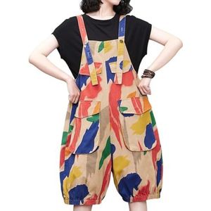 QOUERUUE Rompertjes voor vrouwen Denim overalls Print Casual zomer Jean korte overalls Shortalls met zakken,Apricot,L