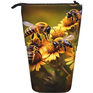 Nbtghga Landelijke Honing Bijen Bloemen Print Potlood Telescopische Klassieke Kunsten Stand Up Potlood Case Organizer Potlood Houder Make-up Tas Gift, Zwart, Eén maat