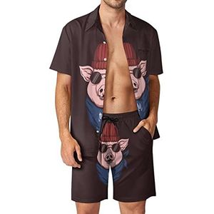 Varkenshoofd Bandana voor heren, Hawaiiaanse bijpassende set, 2-delige outfits, button-down shirts en shorts voor strandvakantie