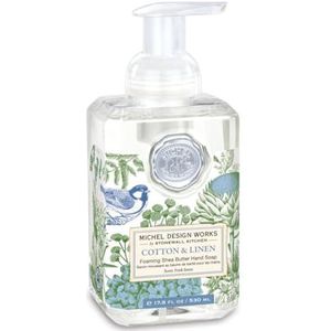 MICHEL DESIGN WORKS 0 Schuimende handzeep, 40 ml, katoen & linnen geur en design, sheaboter en aloë vera mix, mooie vierkante container met pomp