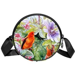 Messenger Bag schattige vogel kijken naar bloem patroon Crossbody tas voor vrouwen rond, Meerkleurig, 6.7x6.7x2.3 in, Sling Rugzakken