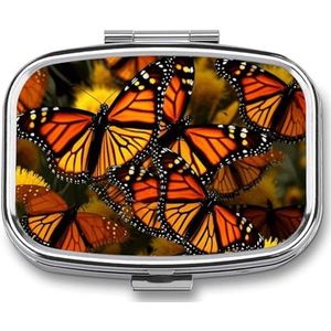 Monarch Vlinders Pillendoosje Reizen Pillenorganisator 2 Compartimenten Wekelijkse Pillenetui met Spiegel Een Dag Medicijncontainer Geneeskunde Organizer voor portemonnee, zak of portemonnee