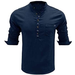 WEITING Linnen overhemd voor heren, opstaande kraag, katoenen linnen structuur met borstzakken, casual overhemd voor heren, Blauw, S