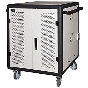 Kast met 40 tablets, met wielen, meervoudige stopcontacten, inclusief koelventilatoren, deur van staal, geperforeerd, kleur grijs en zwart