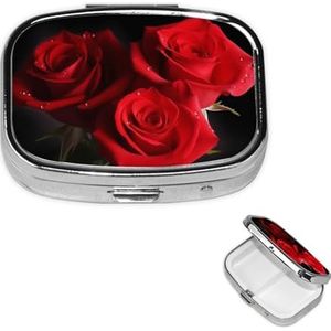Rode rozen pillendoos 2 compartimenten, kleine pillendoos voor portemonnee en zak, metalen pillenetui met spiegel, dagelijkse pillenorganizer, draagbare medicijnvitaminehouder, uniek cadeau
