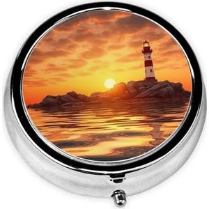 Pillendoosje met spiegel, retro pillendoosje met 3 vakken, zee vuurtoren bij zonsondergang, kleine pillenorganizer voor portemonnee of zak, decoratieve metalen medicijnen, vitamine-organizer, unieke