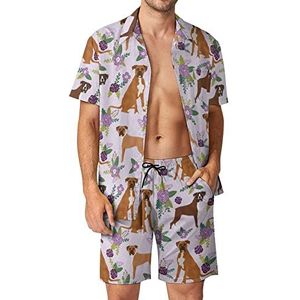 Mooie Boxer Huisdier Hond En Bloemen Mannen Hawaiiaanse Bijpassende Set 2 Stuk Outfits Button Down Shirts En Shorts Voor Strand Vakantie