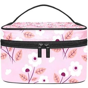 Make-up Organizer Bag, Reizen Make-up Tas Organizer Case Draagbare Cosmetische Tas voor Vrouwen en Meisjes Toiletries Witte Bloemen Roze Achtergrond, Meerkleurig, 22.5x15x13.8cm/8.9x5.9x5.4in