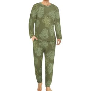 Monstera Palm Leaves Comfortabele heren pyjama set ronde hals lange mouwen loungewear met zakken 3XL