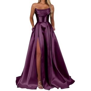 Satijnen bruidsmeisjesjurken voor dames, voor bruiloft, ruches, avondjurken, cocktailjurken, grote maten, Pruim, 32