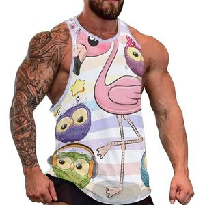 Leuke flamingo en vijf uilen heren tanktop grafische mouwloze bodybuilding T-shirts casual strand T-shirt grappige sportschool spier