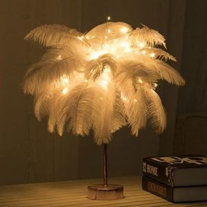 Veren tafellamp,voor Woonkamer, Slaapkamer,DIY veren decoratieve tafellamp, LED afstandsbediening nachtlampje-Wit_10 x 45CM