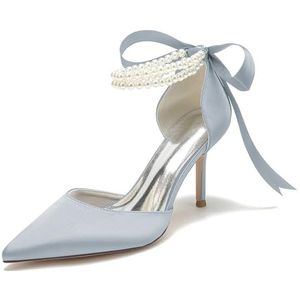 EICOFF Vrouwen Hoge Hak Pompen met Parels Gesloten Teen Puntige Satijn Hakken Bruids Schoenen Enkelbandje Sandalen voor Bruiloft Jurk Party,Zilver,35 EU