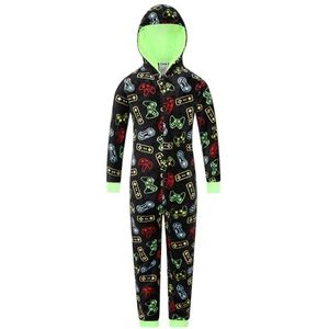 ThePyjamaFactory Jongens videogame controller fleece gaming slaappak, Zwart, 13-14 jaar