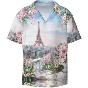 TyEdee Paris Eiffeltoren met bloemenprint voor heren, korte mouwen, overhemd met zak, casual overhemd met knopen, zakelijk overhemd, Zwart, XXL