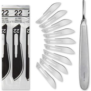Set - 50 stuks scalpelmessen figuur 22 van koolstofstaal - reservemesjes afzonderlijk steriel verpakt + 1 x Shehadeh - scalpelhouder met 13,5 cm lange en bolvormige handgreep - roestvrij staal