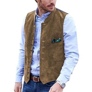 AeoTeokey Heren pak vest suède lederen vintage casual western cowboy vest, Bruin, XL